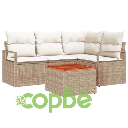 Градински комплект мебели 5 части с възглавници - бежов полиратан и акация ➤ топ цена ➤ sorbe.bg