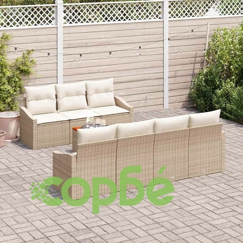 Градински комплект мебели 8 части с възглавници бежов полиратан и акация ➤ топ цена ➤ sorbe.bg