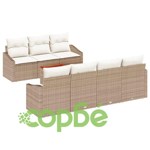 Градински комплект мебели 8 части с възглавници бежов полиратан и акация ➤ топ цена ➤ sorbe.bg