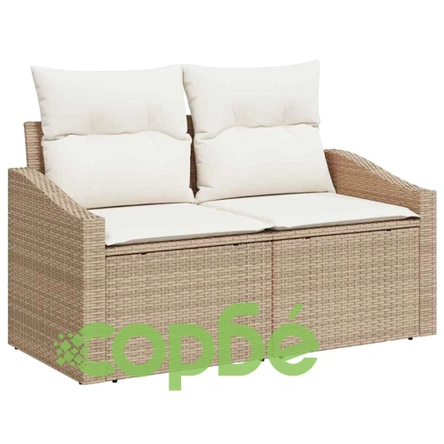 Градински комплект мебели 8 части с възглавници бежов полиратан и акация ➤ топ цена ➤ sorbe.bg