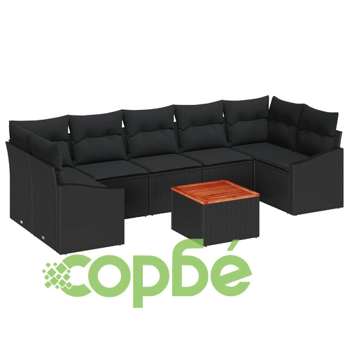 Градински комплект от 8 части - диван от черен ратан и дърво с функция за съхранение ➤ топ цена ➤ sorbe.bg