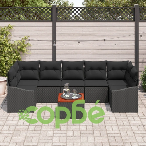 Градински комплект от 8 части - диван от черен ратан и дърво с функция за съхранение ➤ топ цена ➤ sorbe.bg
