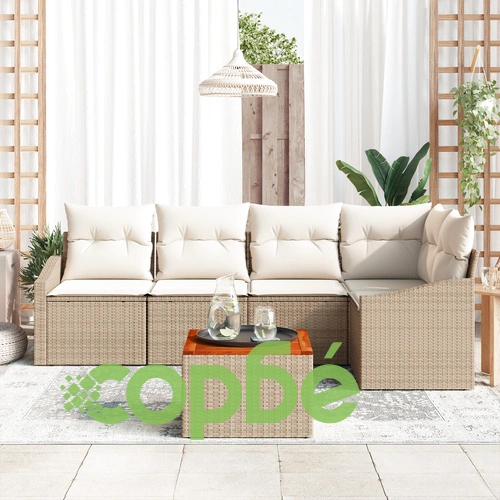 6-частен градински диван комплект от полиротан с възглавници, бежов, Акия ➤ топ цена ➤ sorbe.bg