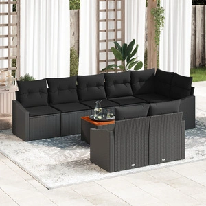 9 части градински диван комплект с възглавници от полиратан и акация - Черен