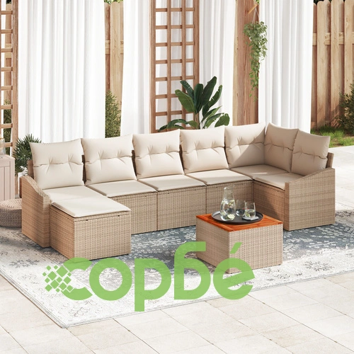 Луксозен градински комплект от 8 части - дивани с възглавници от полиратан и акация, бежов цвят ➤ топ цена ➤ sorbe.bg
