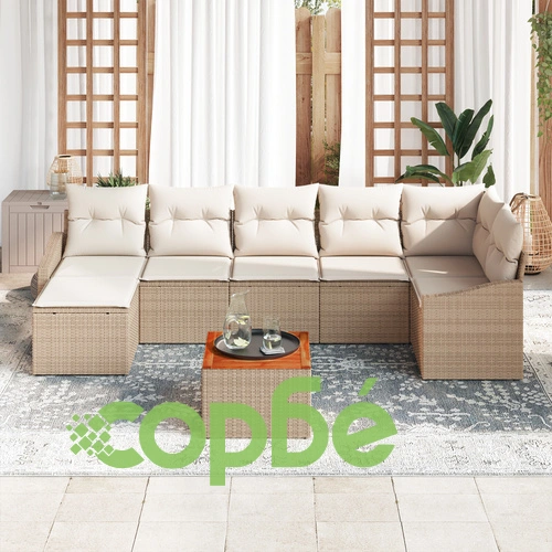 Луксозен градински комплект от 8 части - дивани с възглавници от полиратан и акация, бежов цвят ➤ топ цена ➤ sorbe.bg