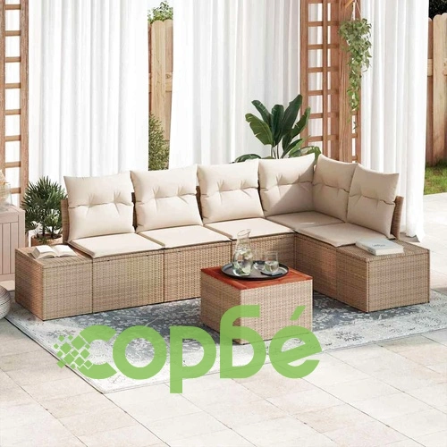 Градински комплект мебели 6 части с възглавници бежов полиратан ➤ топ цена ➤ sorbe.bg