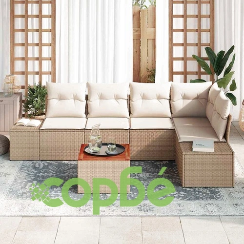 Градински комплект мебели 6 части с възглавници бежов полиратан ➤ топ цена ➤ sorbe.bg