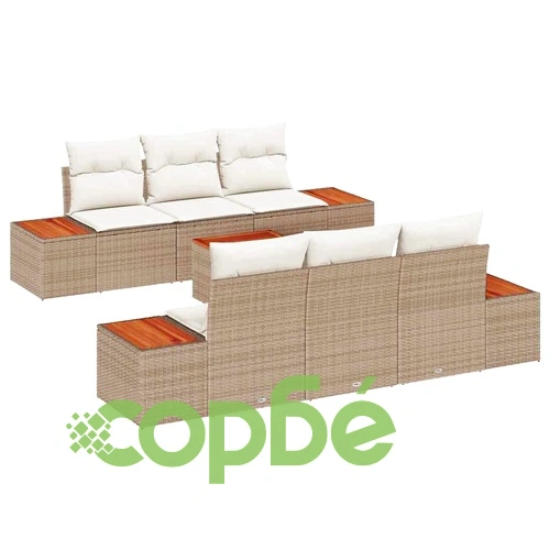 7-частен градински комплект софа с възглавници от полиратан и акация бежов ➤ топ цена ➤ sorbe.bg