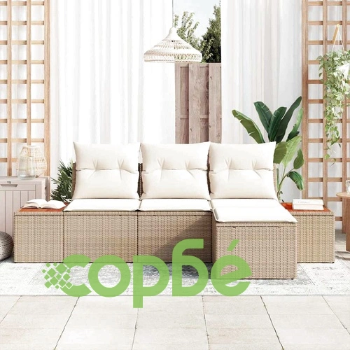 Градински диван комплект 4 части с възглавници от полиратан акация бежов 239x117x37 см ➤ топ цена ➤ sorbe.bg