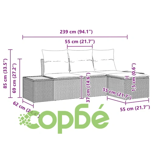 Градински диван комплект 4 части с възглавници от полиратан акация бежов 239x117x37 см ➤ топ цена ➤ sorbe.bg