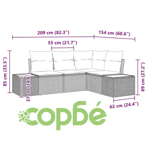 Градински комплект диван 4 части с възглавници бежов полиратан 209x154 см ➤ топ цена ➤ sorbe.bg