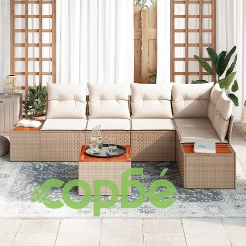 Градински диван комплект 6 части с възглавници бежов полиратан 55x55x37 см ➤ топ цена ➤ sorbe.bg