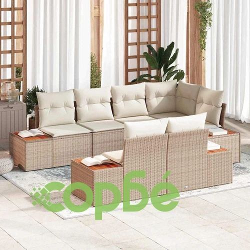 Градински комплект мебели полиратан 7 места с възглавници бежов 264x154 см ➤ топ цена ➤ sorbe.bg