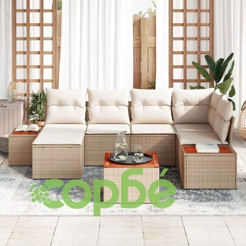 7-Части Градински Софа Комплект с Възглавници Бежов Полиратан 55x55x37 см ➤ топ цена ➤ sorbe.bg