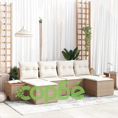 Градински комплект мебели 6 части с възглавници бежов полиратан ➤ топ цена ➤ sorbe.bg