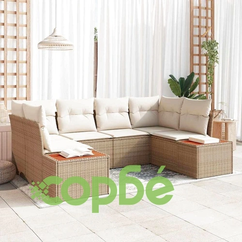 Градински комплект мебели 6 части с възглавници бежов полиратан 234x154 см ➤ топ цена ➤ sorbe.bg