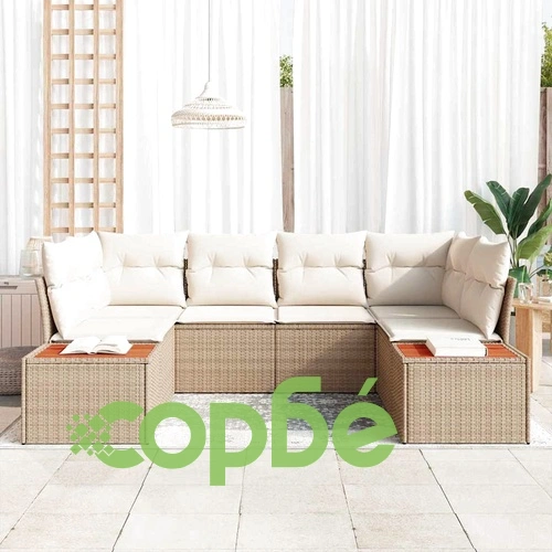 Градински комплект мебели 6 части с възглавници бежов полиратан 234x154 см ➤ топ цена ➤ sorbe.bg