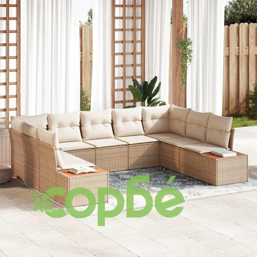 Градински комплект мебели 9 части с възглавници - бежов полиратан 289x209 см ➤ топ цена ➤ sorbe.bg