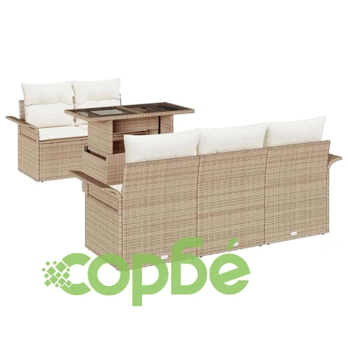 Градински комплект мебели 6 части с възглавници - бежов полиратан ➤ топ цена ➤ sorbe.bg