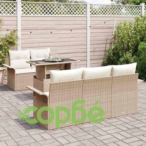 Градински комплект мебели 6 части с възглавници - бежов полиратан ➤ топ цена ➤ sorbe.bg