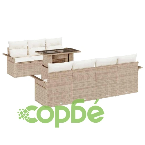 8-частен градински комплект софа с възглавници от полиратан - бежов ➤ топ цена ➤ sorbe.bg