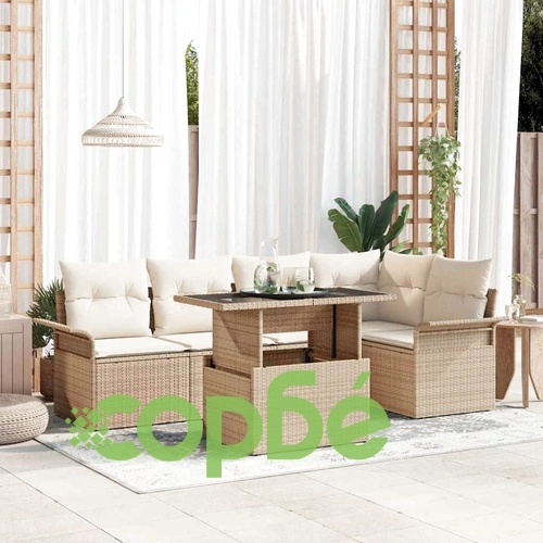 Градински комплект мебели 6 части с възглавници бежов полиратан ➤ топ цена ➤ sorbe.bg