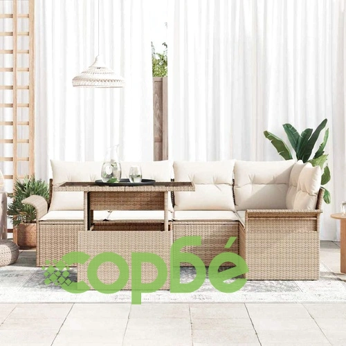 Градински комплект мебели 6 части с възглавници бежов полиратан ➤ топ цена ➤ sorbe.bg