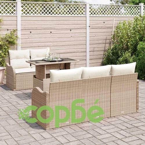 Градински комплект мебели 6 части с възглавници бежов полиратан ➤ топ цена ➤ sorbe.bg