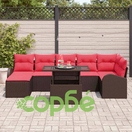 Градински комплект за сядане 8 части - полиратан, кафяво и червено ➤ топ цена ➤ sorbe.bg