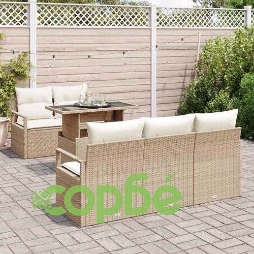 Градински комплект мебели 6 части с възглавници бежово полиратан 100x55x73 см ➤ топ цена ➤ sorbe.bg