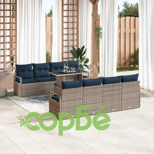 Градински Комплект Софа 9 части за 6 места от Полиратан, Сив и Тъмносин ➤ топ цена ➤ sorbe.bg