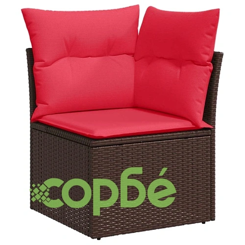 Градински Комплект Софа от Полиратан 9 части за 8 души, Кафяво и Червено, с Място за Съхранение ➤ топ цена ➤ sorbe.bg
