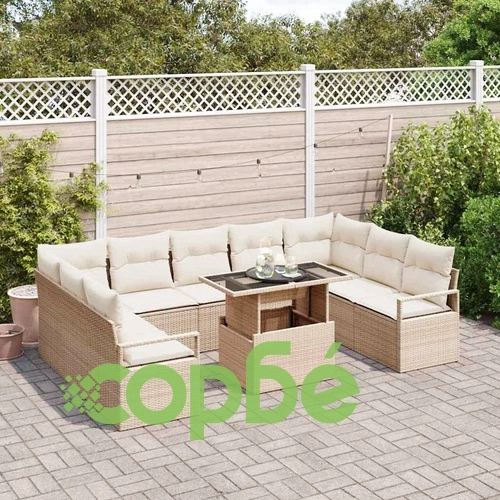 Градински комплект 10 части с възглавници от полиротан бежово и кремаво ➤ топ цена ➤ sorbe.bg