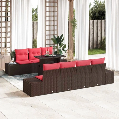 Комплект градински дивани 8 части за 7 души - полиратан, кафяво и червено ➤ топ цена ➤ sorbe.bg