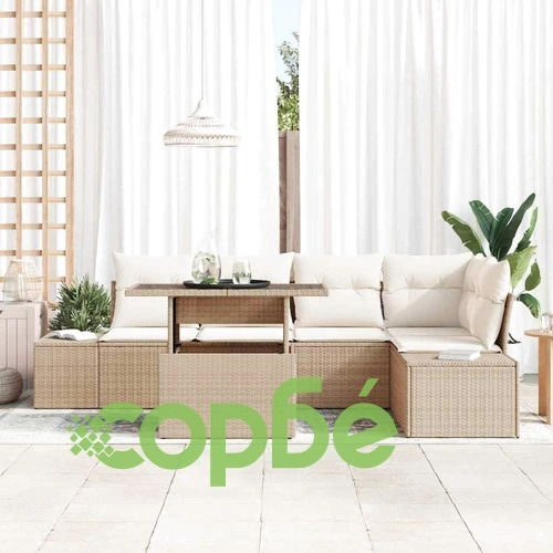 Градински комплект мебели 6 части с възглавници - бежов полиратан ➤ топ цена ➤ sorbe.bg