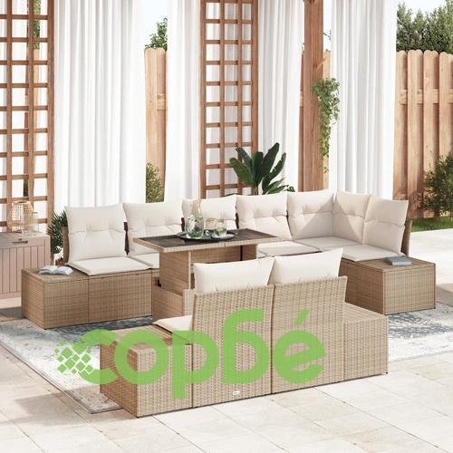 Градински диван комплект 9 части от Ратан и Полиестер в Бежов цвят ➤ топ цена ➤ sorbe.bg