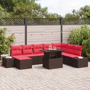 Градински комплект за сядане 9 части - полиратан, кафяво и червено