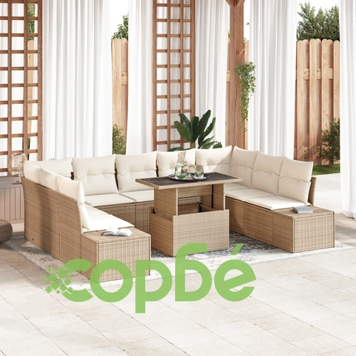 Градински диван комплект 10 части от натурален ратан - Бежов секционен комплект за тераса ➤ топ цена ➤ sorbe.bg
