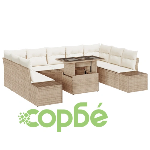 Градински диван комплект 10 части от натурален ратан - Бежов секционен комплект за тераса ➤ топ цена ➤ sorbe.bg