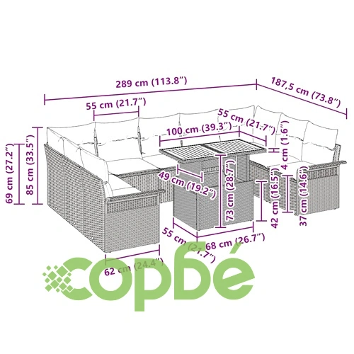 10-елементен градински комплект с възглавници от полиротан и акация бежов ➤ топ цена ➤ sorbe.bg