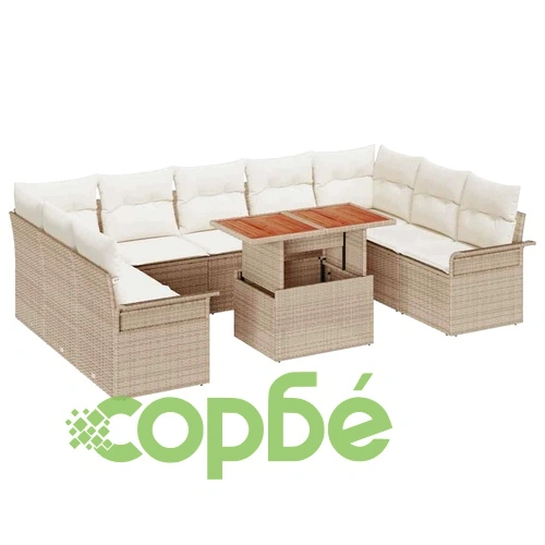 10-елементен градински комплект с възглавници от полиротан и акация бежов ➤ топ цена ➤ sorbe.bg