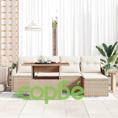 6-частен градински комплект с възглавници от полиратан и акация бежов ➤ топ цена ➤ sorbe.bg