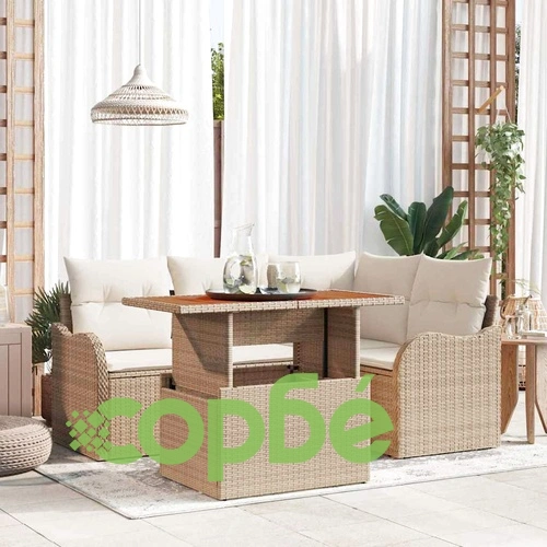 Градински комплект от 5 части с възглавници бежово и кремаво полиратан акация 100x55x73 см ➤ топ цена ➤ sorbe.bg