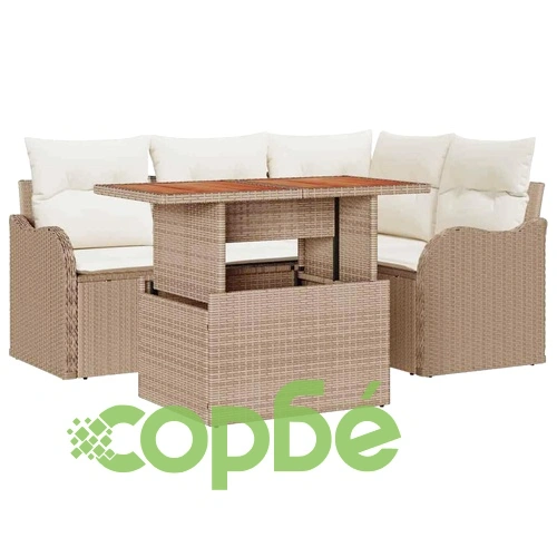 Градински комплект от 5 части с възглавници бежово и кремаво полиратан акация 100x55x73 см ➤ топ цена ➤ sorbe.bg