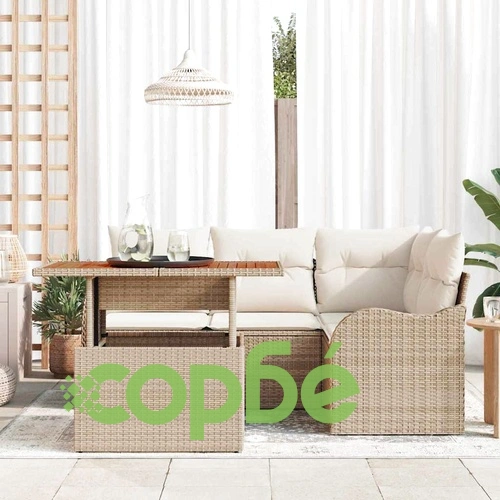 Градински комплект от 5 части с възглавници бежово и кремаво полиратан акация 100x55x73 см ➤ топ цена ➤ sorbe.bg