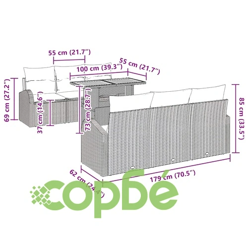 Градински комплект от 7 части с възглавници бежов полиратан акация 100x55x73 см ➤ топ цена ➤ sorbe.bg