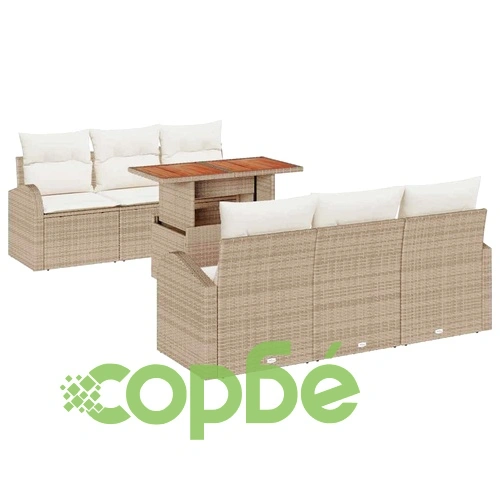 Градински комплект от 7 части с възглавници бежов полиратан акация 100x55x73 см ➤ топ цена ➤ sorbe.bg