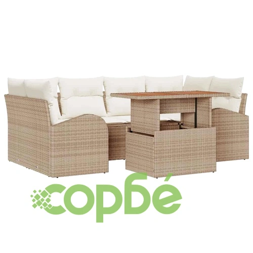 7-частен градински комплект с възглавници от полиратан и акация 100x55x73 см ➤ топ цена ➤ sorbe.bg