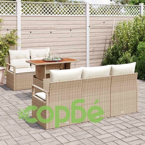 Градински комплект мебели 6 части с възглавници бежов полиратан и акация 100x55x73 см ➤ топ цена ➤ sorbe.bg